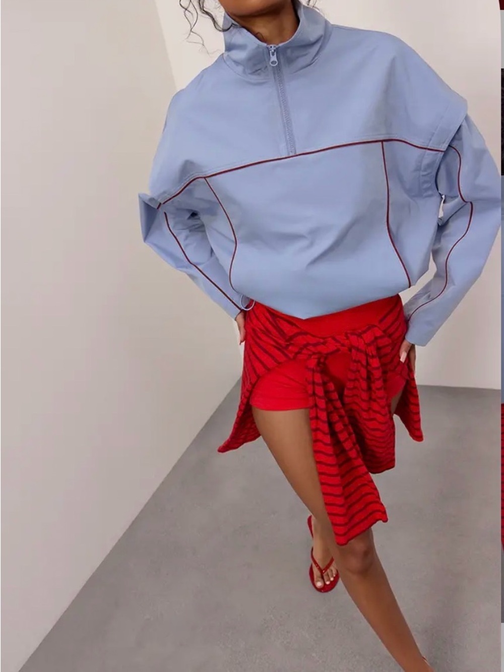 PrettyLittleThing Pale Blue Bomber Jacket with Red Piping